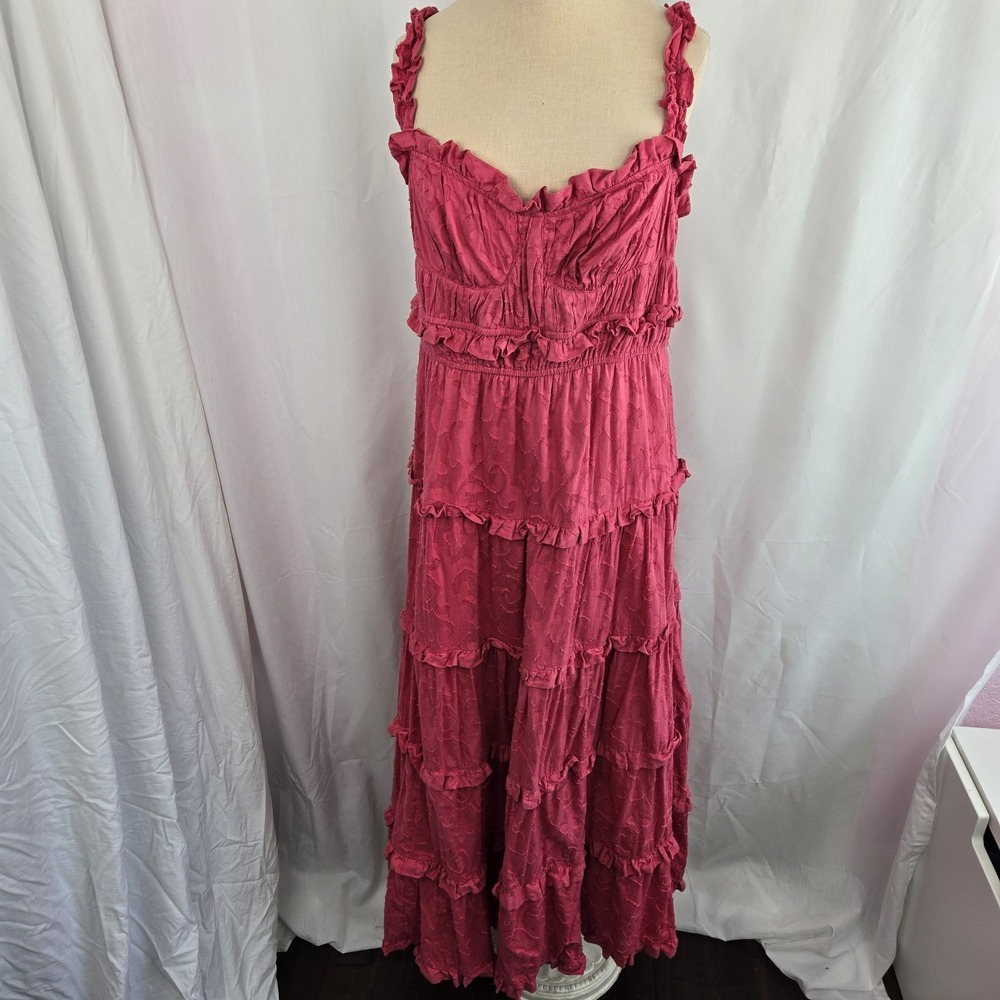 Anthropologie Hot Pink‎ Tiered Ruffle Maxi Dress Size XL Cotton Euro Summer Boho